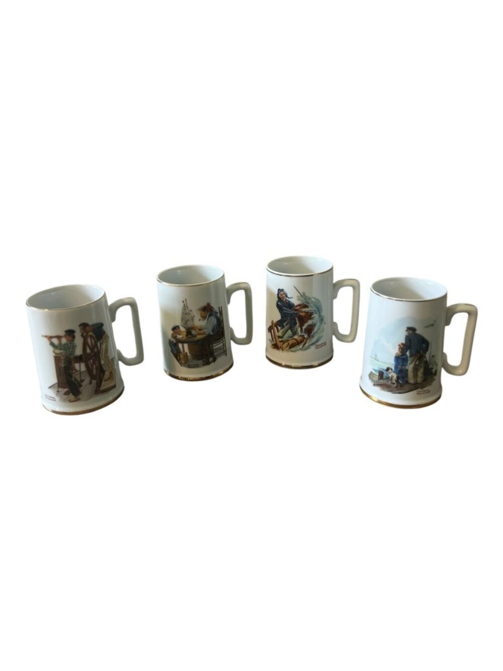 Vintage Norman Rockwell Coffee Mugs Lot of 4 Nautical Sea Theme Gold Trim 1980